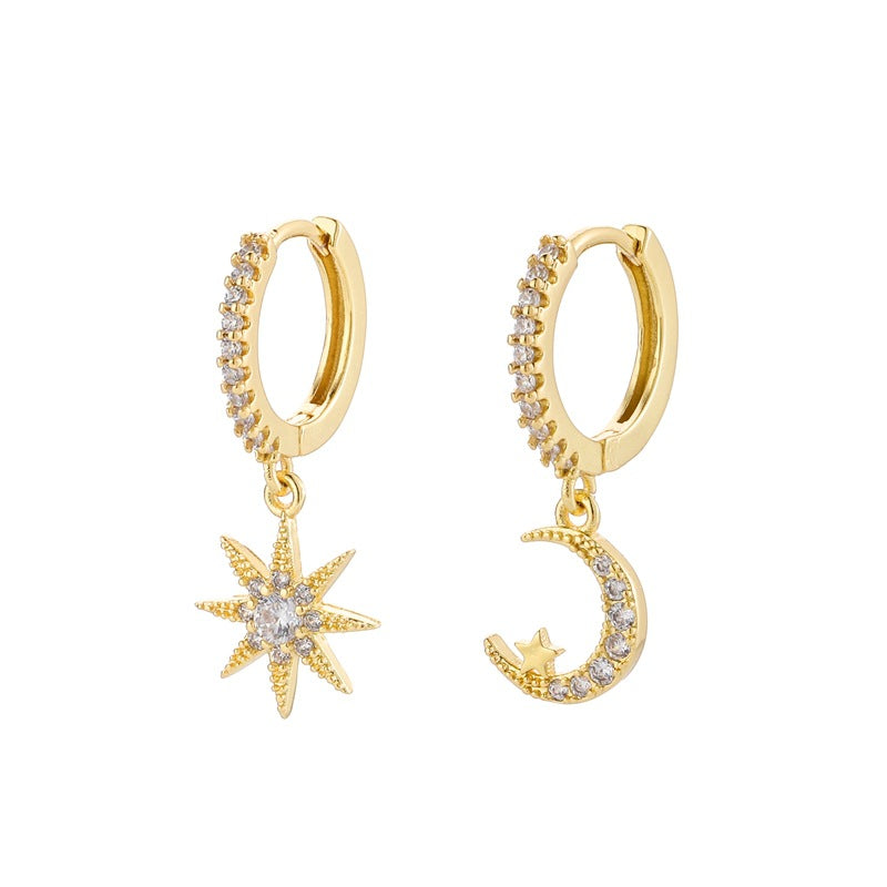 For Moon Asymmetrical Stud Earrings In Golden Featuring Star Design