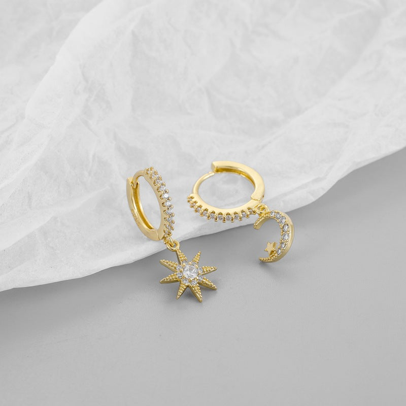 For Moon Asymmetrical Stud Earrings In Golden Featuring Star Design