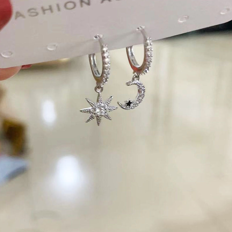 For Moon Asymmetrical Stud Earrings In Golden Featuring Star Design