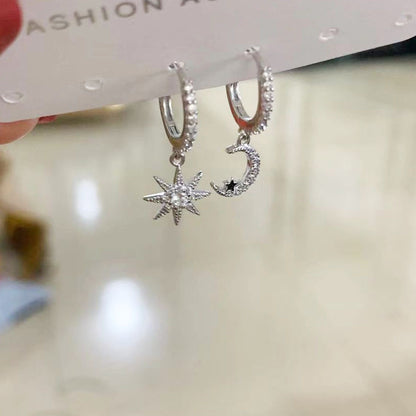 For Moon Asymmetrical Stud Earrings In Golden Featuring Star Design