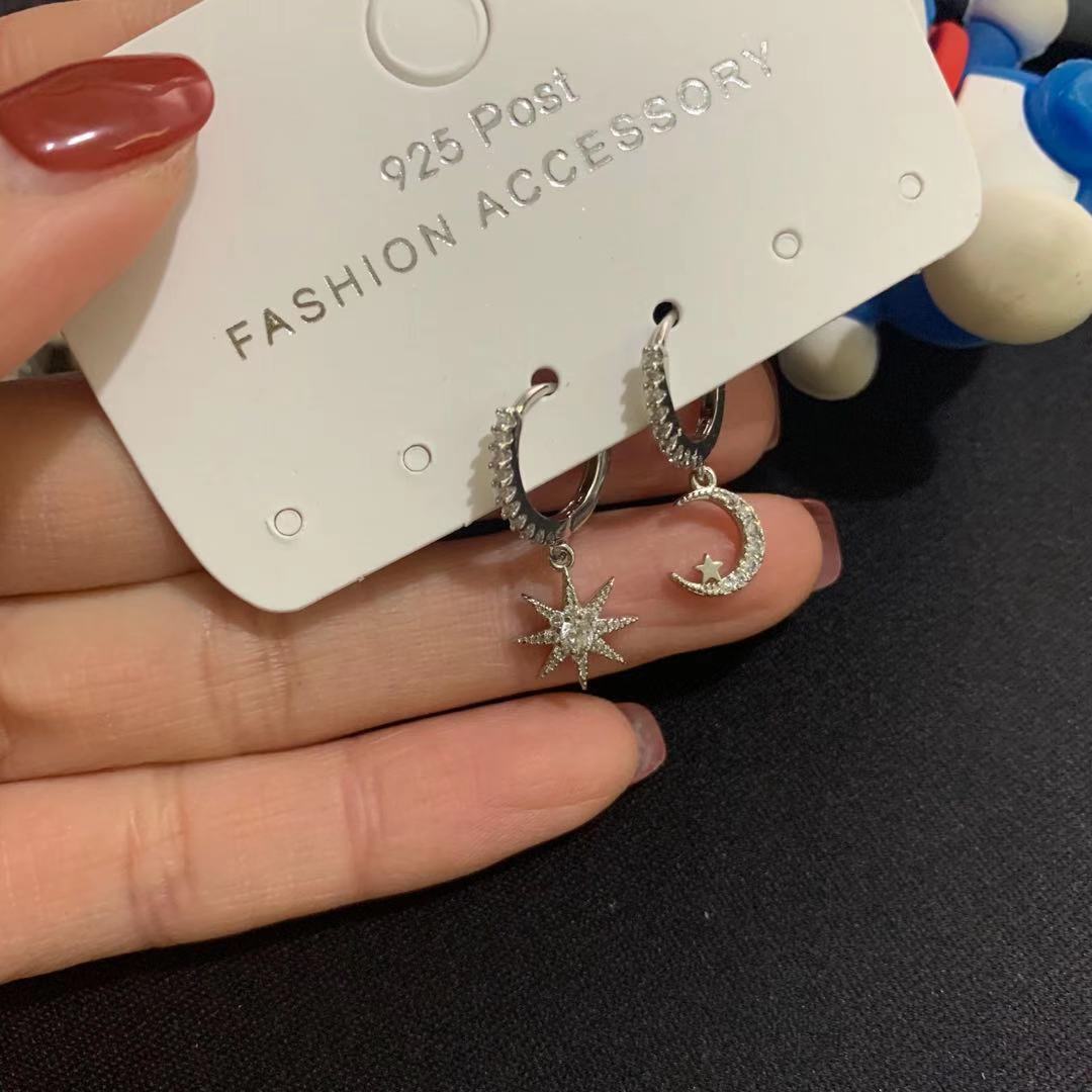 For Moon Asymmetrical Stud Earrings In Golden Featuring Star Design