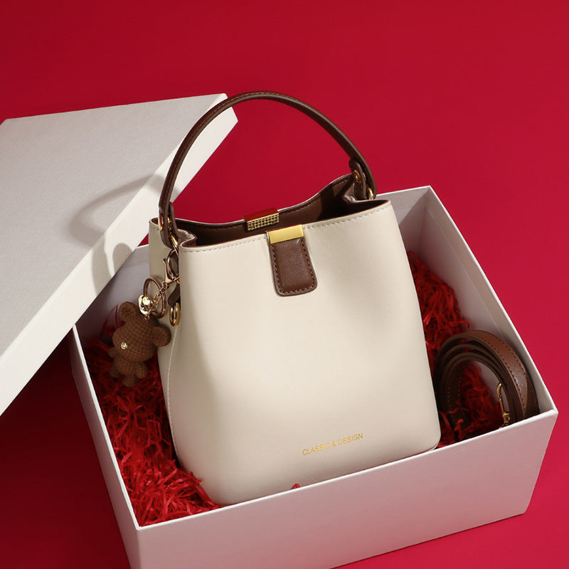 Genuine Leather Bucket Handbag With Sewing Thread Detail, Perfect For Autumn And Winter