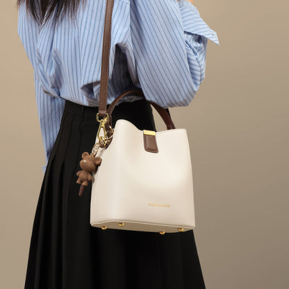 Genuine Leather Bucket Handbag With Sewing Thread Detail, Perfect For Autumn And Winter