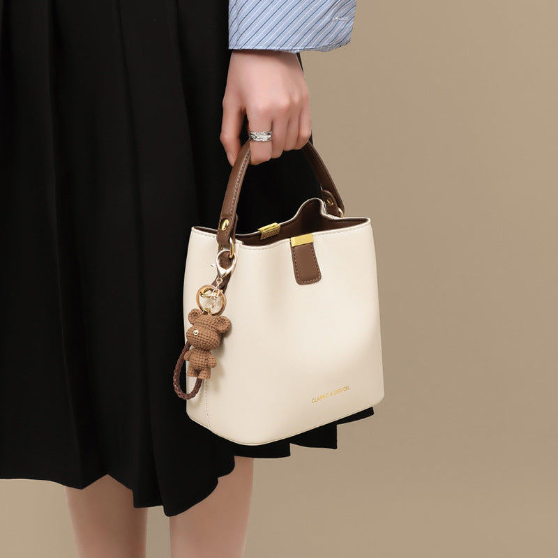 Genuine Leather Bucket Handbag With Sewing Thread Detail, Perfect For Autumn And Winter