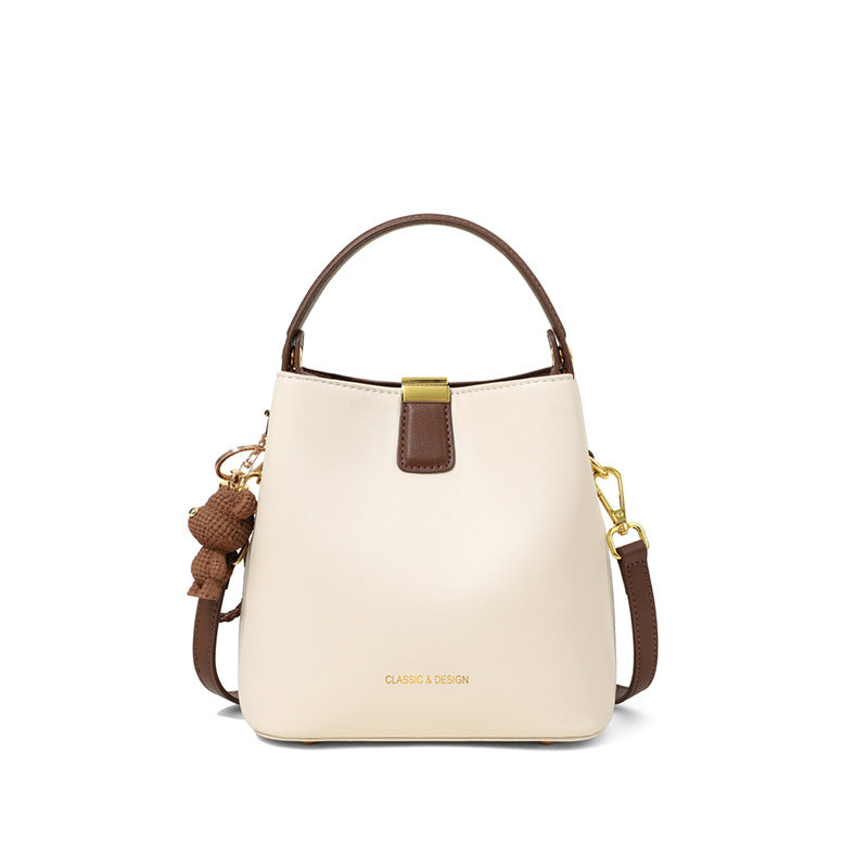 Genuine Leather Bucket Handbag With Sewing Thread Detail, Perfect For Autumn And Winter
