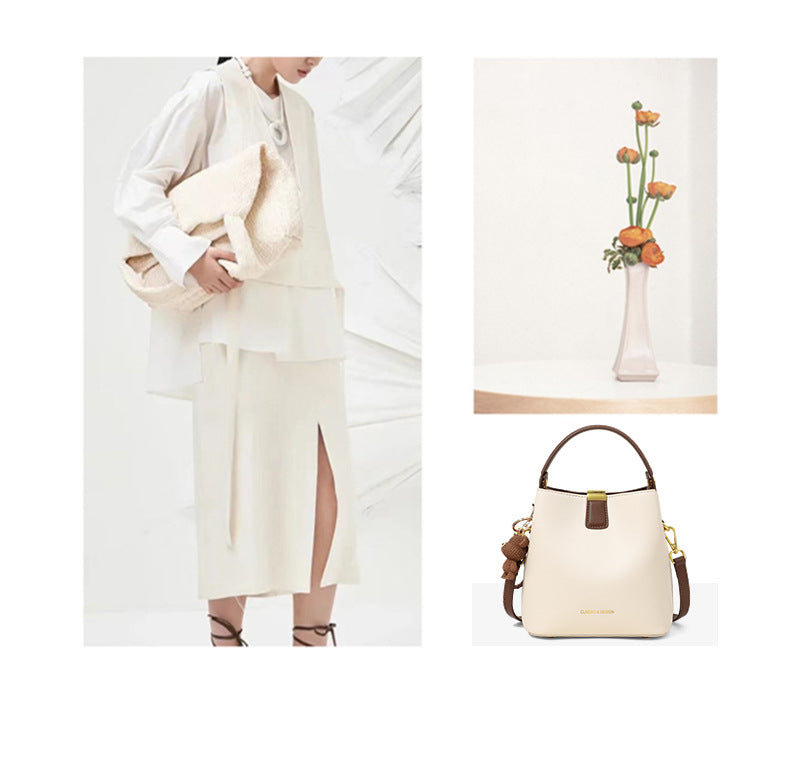 Genuine Leather Bucket Handbag With Sewing Thread Detail, Perfect For Autumn And Winter