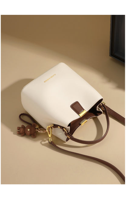 Genuine Leather Bucket Handbag With Sewing Thread Detail, Perfect For Autumn And Winter
