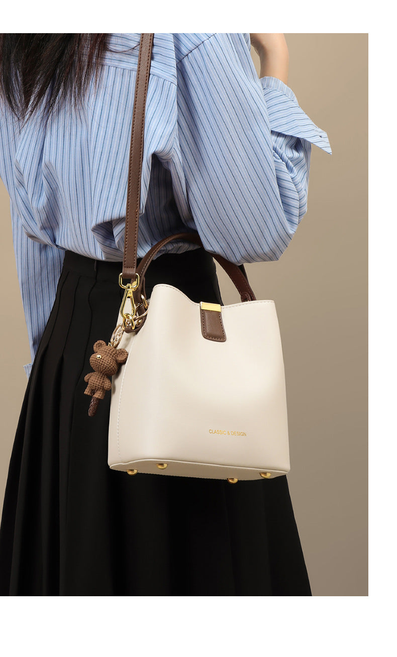 Genuine Leather Bucket Handbag With Sewing Thread Detail, Perfect For Autumn And Winter