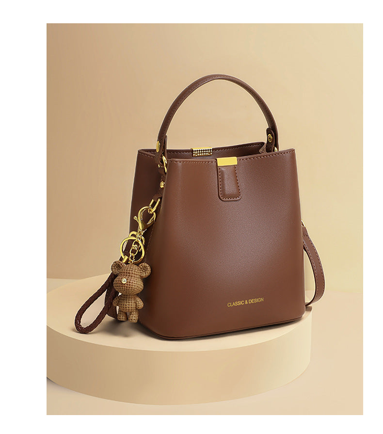 Genuine Leather Bucket Handbag With Sewing Thread Detail, Perfect For Autumn And Winter