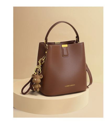 Genuine Leather Bucket Handbag With Sewing Thread Detail, Perfect For Autumn And Winter