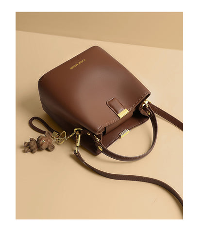 Genuine Leather Bucket Handbag With Sewing Thread Detail, Perfect For Autumn And Winter