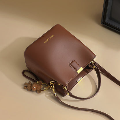 Genuine Leather Bucket Handbag With Sewing Thread Detail, Perfect For Autumn And Winter