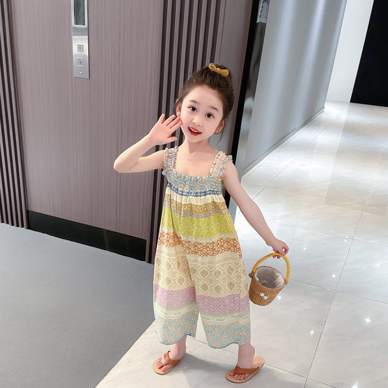Girls' Loose Summer Romper With Natural Pink Flowers Pattern In Polyester Fabric