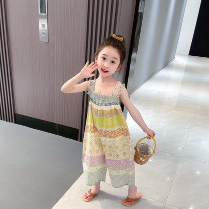 Girls' Loose Summer Romper With Natural Pink Flowers Pattern In Polyester Fabric