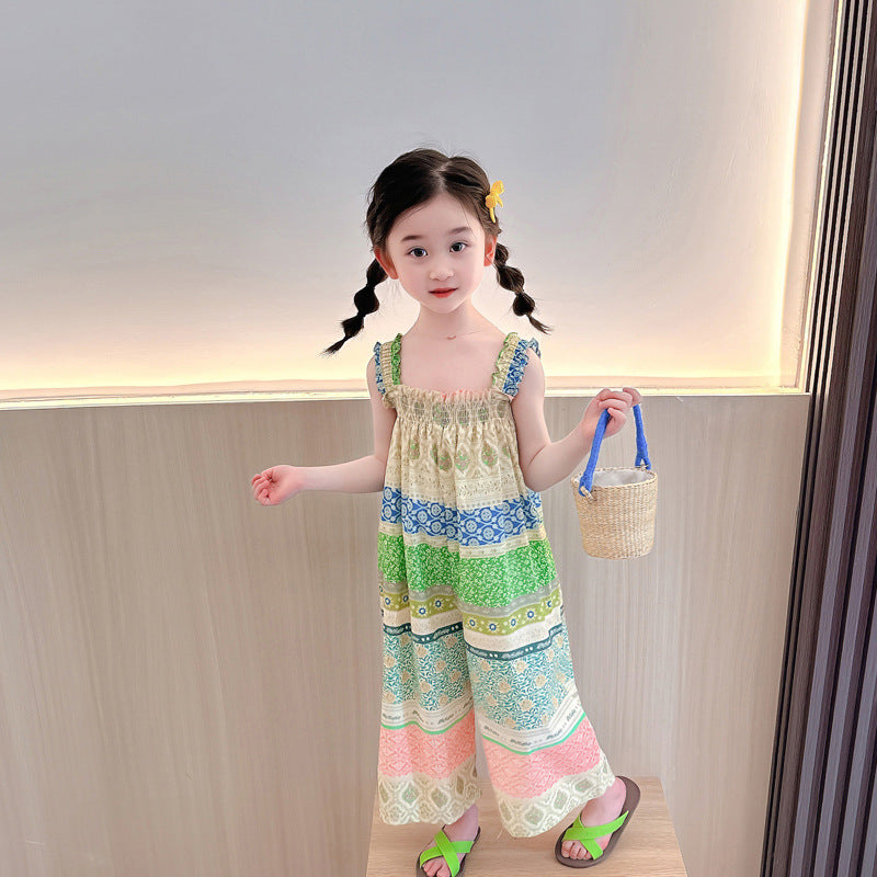 Girls' Loose Summer Romper With Natural Pink Flowers Pattern In Polyester Fabric
