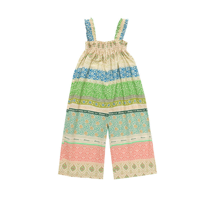 Girls' Loose Summer Romper With Natural Pink Flowers Pattern In Polyester Fabric