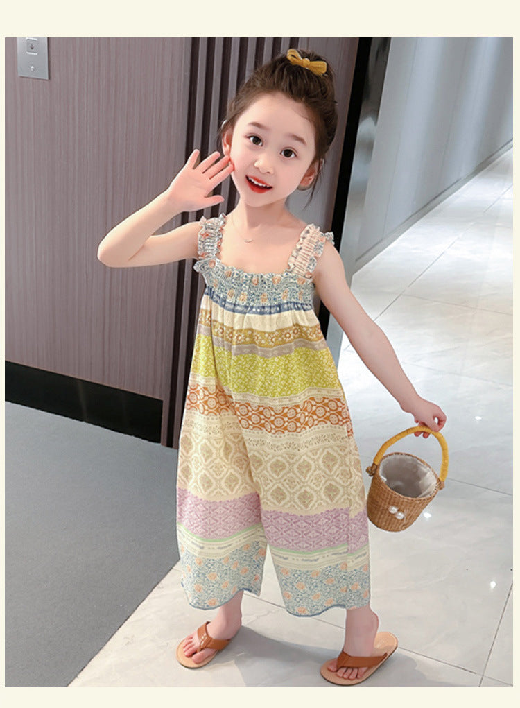 Girls' Loose Summer Romper With Natural Pink Flowers Pattern In Polyester Fabric