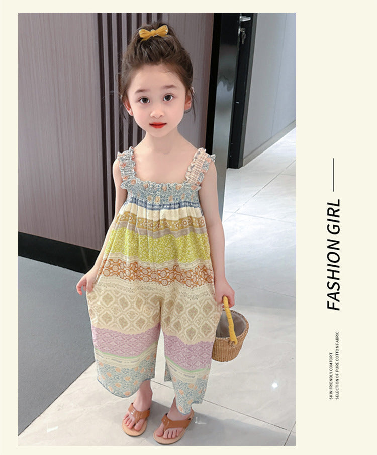 Girls' Loose Summer Romper With Natural Pink Flowers Pattern In Polyester Fabric
