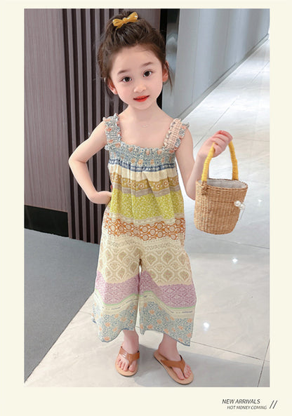Girls' Loose Summer Romper With Natural Pink Flowers Pattern In Polyester Fabric