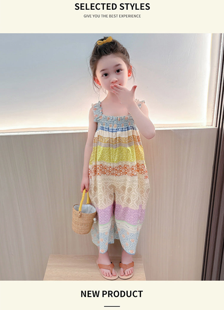 Girls' Loose Summer Romper With Natural Pink Flowers Pattern In Polyester Fabric