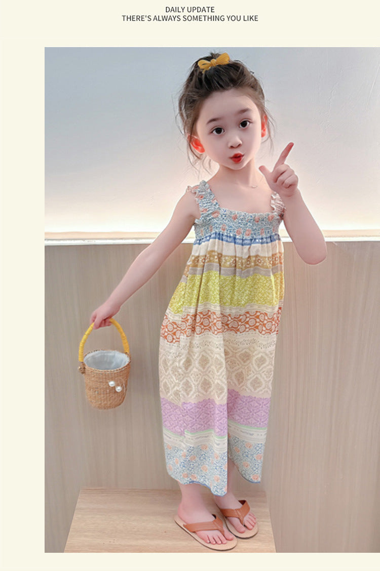 Girls' Loose Summer Romper With Natural Pink Flowers Pattern In Polyester Fabric