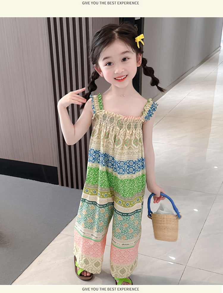 Girls' Loose Summer Romper With Natural Pink Flowers Pattern In Polyester Fabric