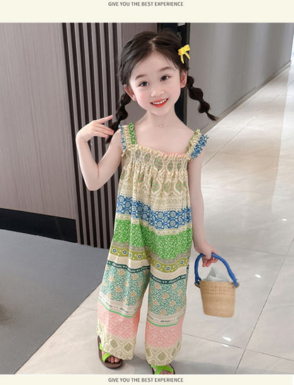 Girls' Loose Summer Romper With Natural Pink Flowers Pattern In Polyester Fabric