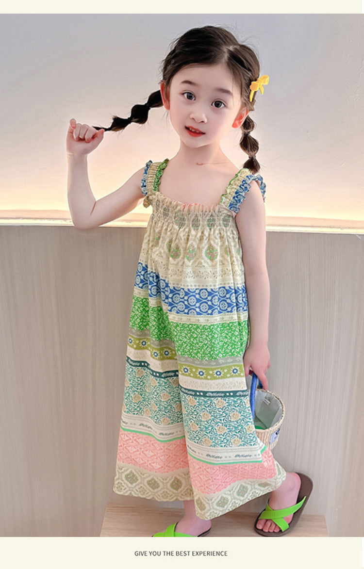 Girls' Loose Summer Romper With Natural Pink Flowers Pattern In Polyester Fabric