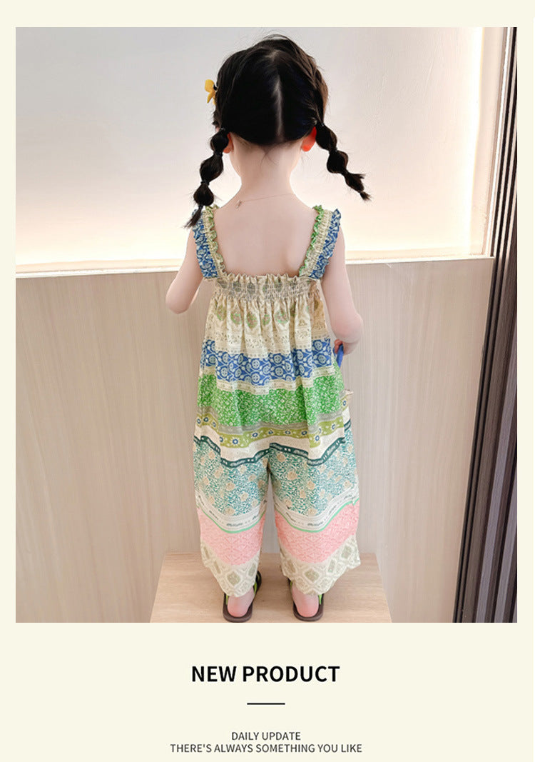 Girls' Loose Summer Romper With Natural Pink Flowers Pattern In Polyester Fabric