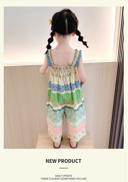 Girls' Loose Summer Romper With Natural Pink Flowers Pattern In Polyester Fabric