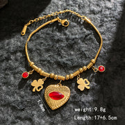 Gold - Red Cat Eye Heart Four-leaf Clover Bracelet