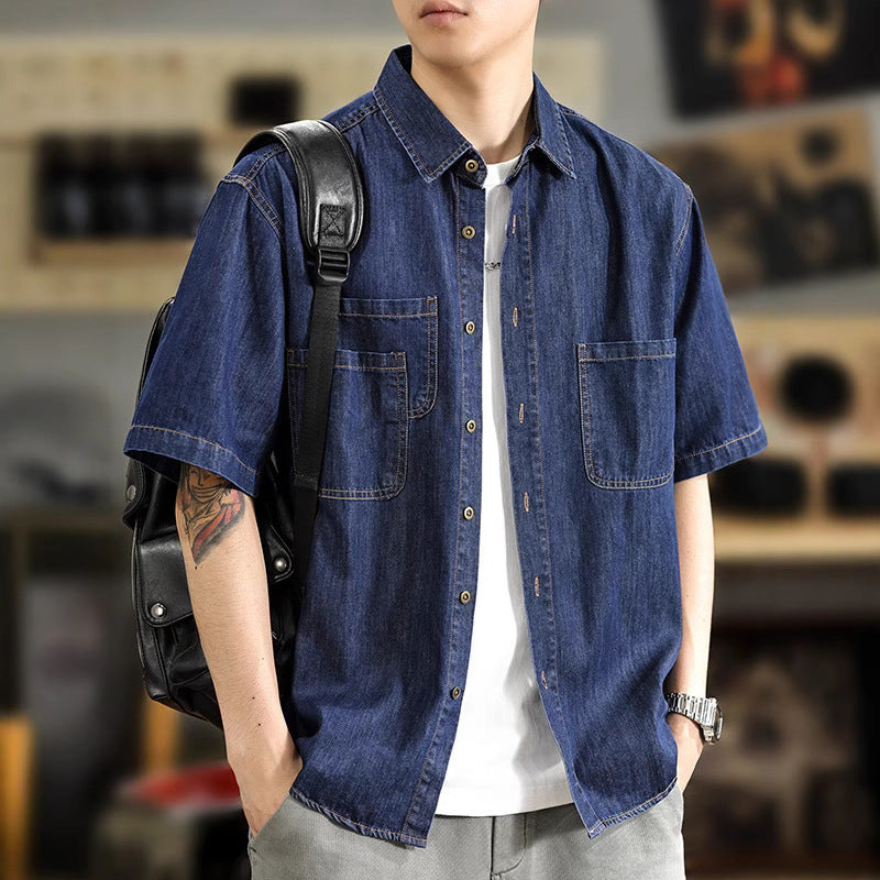 Half Sleeve Cotton Blouse For Men With Lapel Collar, Loose Fit And Regular Length