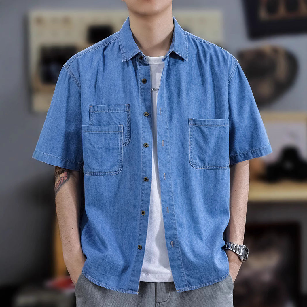 Half Sleeve Cotton Blouse For Men With Lapel Collar, Loose Fit And Regular Length