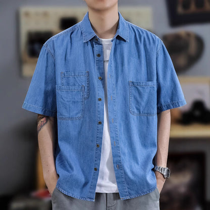 Half Sleeve Cotton Blouse For Men With Lapel Collar, Loose Fit And Regular Length