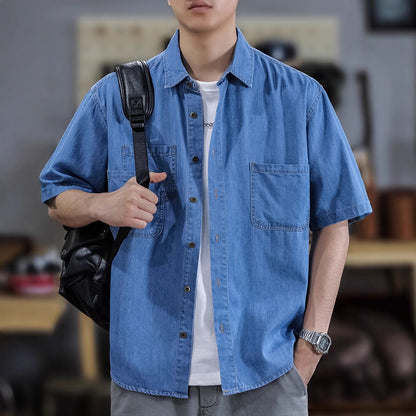 Half Sleeve Cotton Blouse For Men With Lapel Collar, Loose Fit And Regular Length