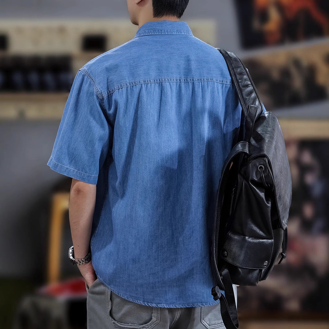 Half Sleeve Cotton Blouse For Men With Lapel Collar, Loose Fit And Regular Length