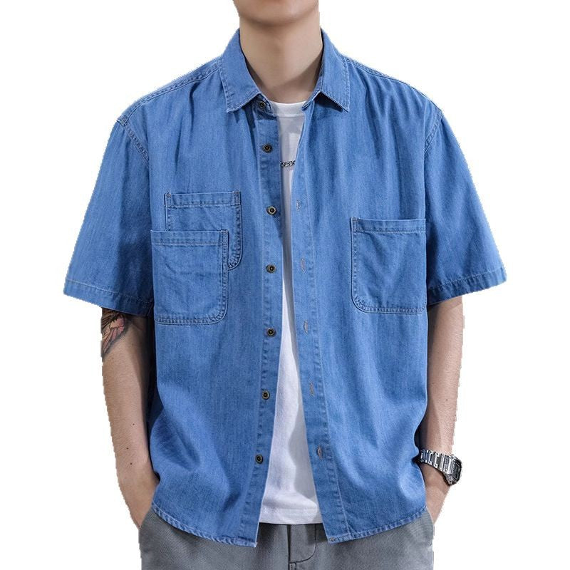 Half Sleeve Cotton Blouse For Men With Lapel Collar, Loose Fit And Regular Length