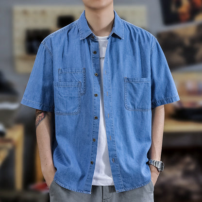Half Sleeve Cotton Blouse For Men With Lapel Collar, Loose Fit And Regular Length