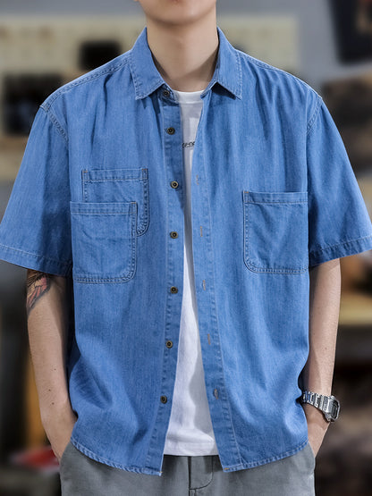 Half Sleeve Cotton Blouse For Men With Lapel Collar, Loose Fit And Regular Length