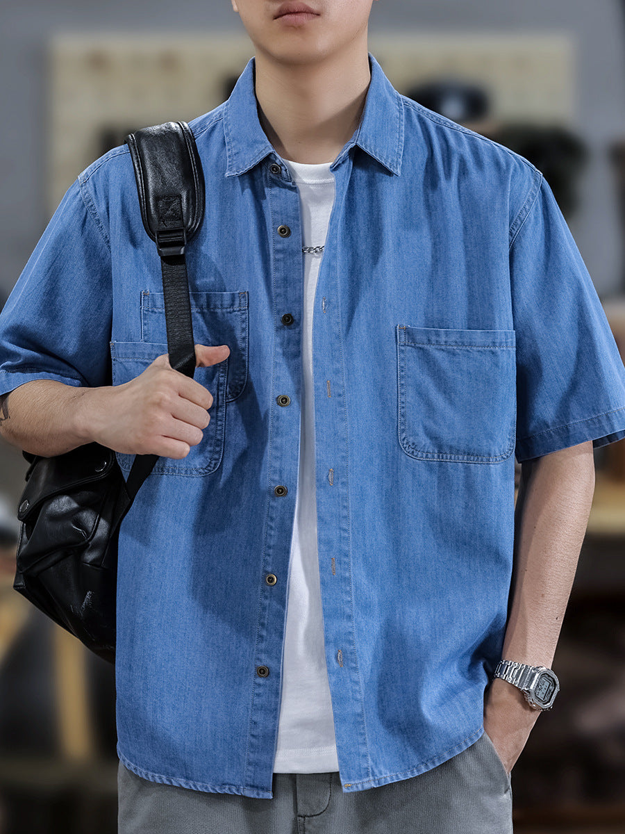 Half Sleeve Cotton Blouse For Men With Lapel Collar, Loose Fit And Regular Length