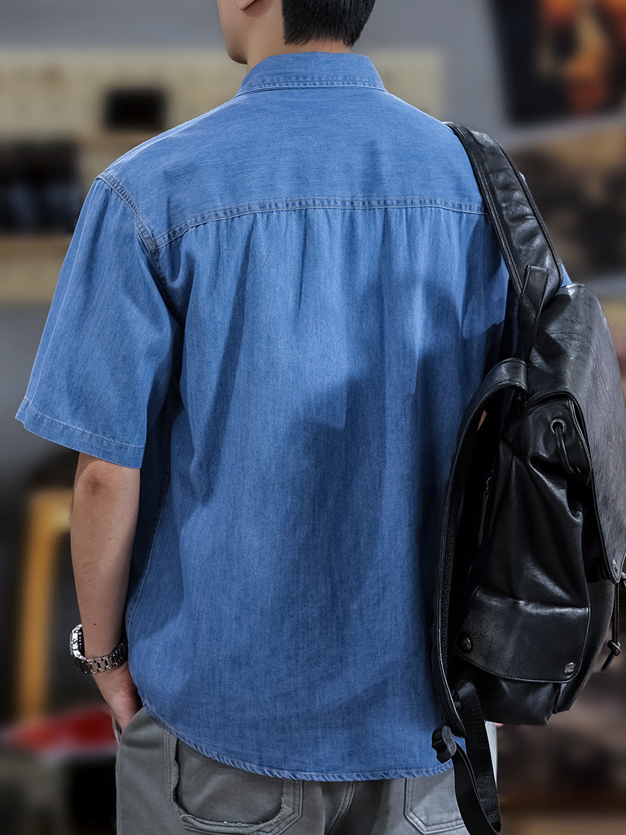 Half Sleeve Cotton Blouse For Men With Lapel Collar, Loose Fit And Regular Length