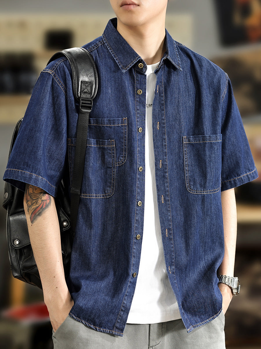 Half Sleeve Cotton Blouse For Men With Lapel Collar, Loose Fit And Regular Length