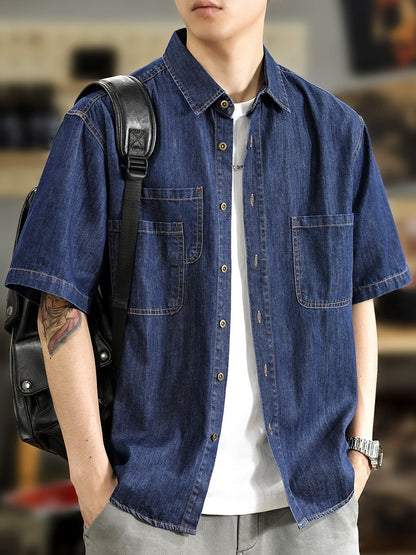 Half Sleeve Cotton Blouse For Men With Lapel Collar, Loose Fit And Regular Length