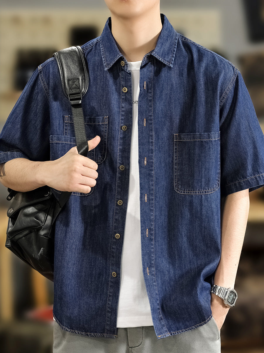 Half Sleeve Cotton Blouse For Men With Lapel Collar, Loose Fit And Regular Length