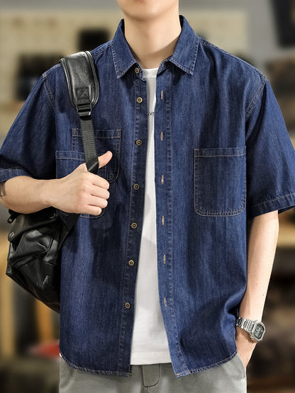 Half Sleeve Cotton Blouse For Men With Lapel Collar, Loose Fit And Regular Length