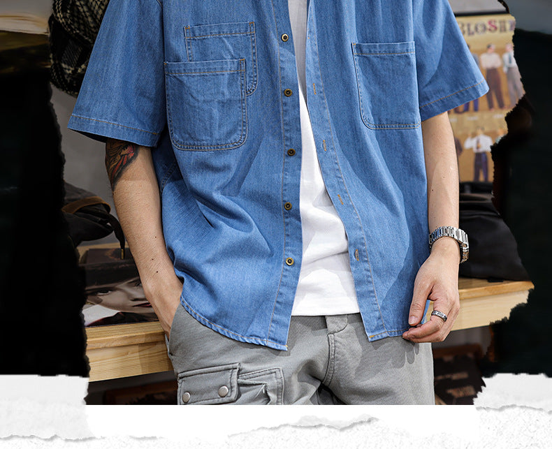 Half Sleeve Cotton Blouse For Men With Lapel Collar, Loose Fit And Regular Length