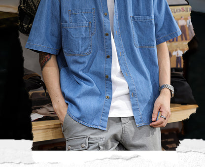 Half Sleeve Cotton Blouse For Men With Lapel Collar, Loose Fit And Regular Length