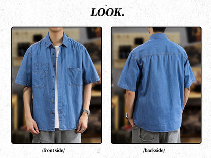 Half Sleeve Cotton Blouse For Men With Lapel Collar, Loose Fit And Regular Length