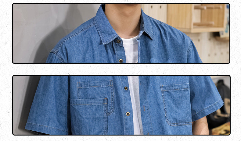 Half Sleeve Cotton Blouse For Men With Lapel Collar, Loose Fit And Regular Length