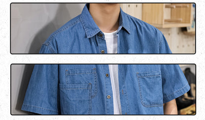 Half Sleeve Cotton Blouse For Men With Lapel Collar, Loose Fit And Regular Length